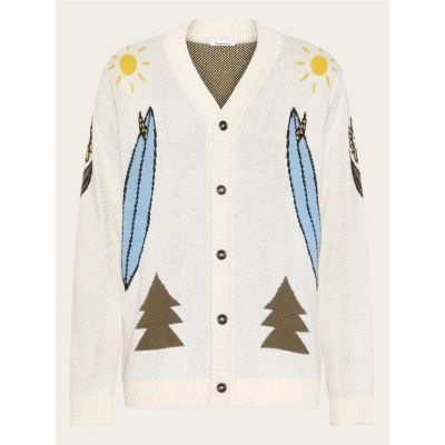 KnowledgeCotton Apparel Jacquard Trees Yes Please V-Neck CottonKnit Cardigan Egret