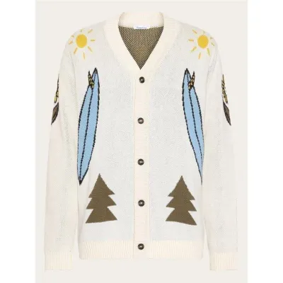 KnowledgeCotton Apparel Jacquard Trees Yes Please V-Neck CottonKnit Cardigan Egret, kuva 1 / 1
