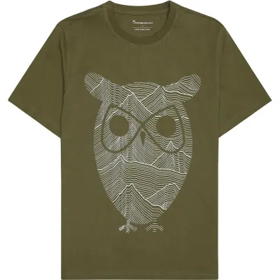 KnowledgeCotton Apparel Regular Single Jersey Mountain Owl Printed T-Shirt Burned Olive, kuva 1 / 1