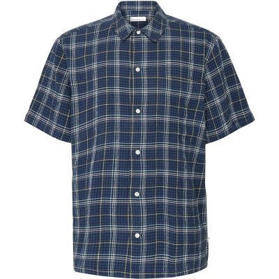 KnowledgeCotton Apparel Box Fit Seersucker Short Sleeved Shirt Blue Check