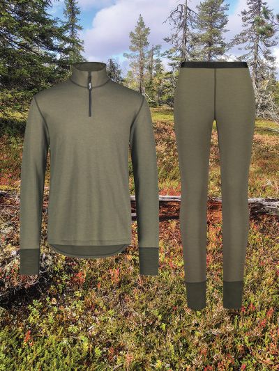 Svala Merino Extreme -kerrasto, oliivinvihreä, Zip-neck paita & housut