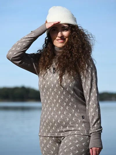 Svala Merino Design naisten Zip-neck paita Pääsky Beige-Valkoinen 46+